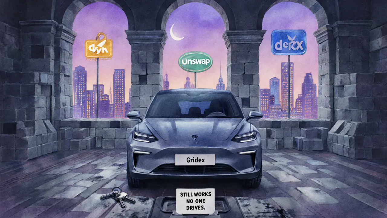 Un coche eléctrico Gridex aparcado en un garaje vacío, mientras otras DEX brillan en la distancia.