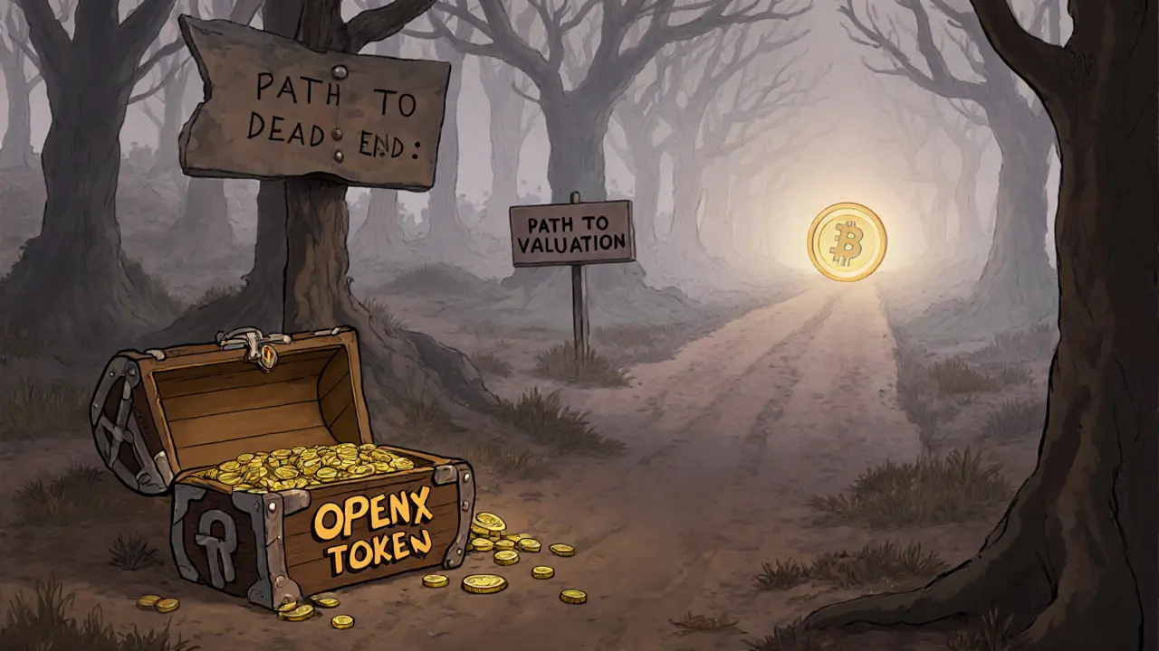 Un cofre roto de OPENX en un bosque blockchain, con un camino iluminado hacia otros DEX activos, estilo Disney.