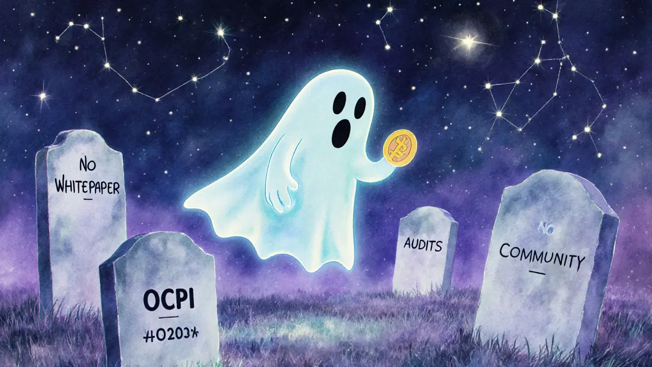 Un fantasma de token OCP flotando en un cementerio digital de proyectos olvidados, bajo un cielo estrellado con proyectos DeFi reales como constelaciones.