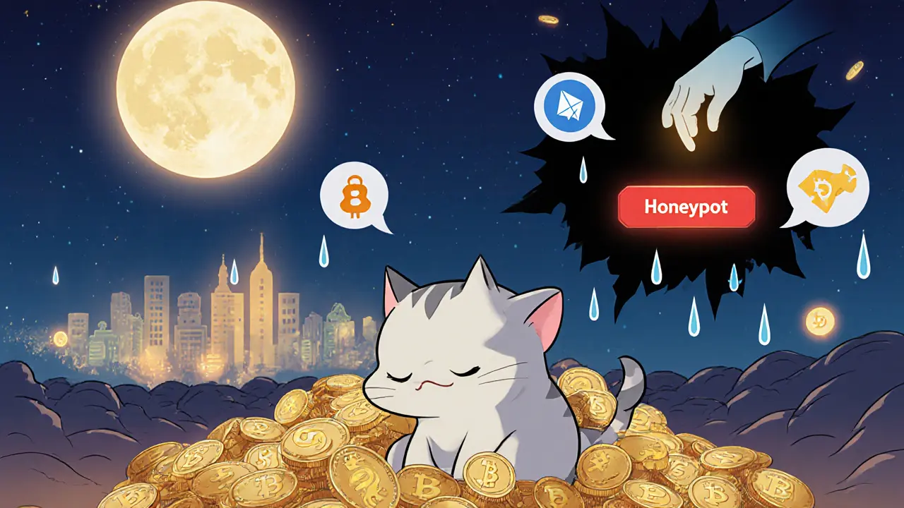 Un gato triste sentado sobre montones de tokens inútiles, rodeado de chats vacíos y una mano fantasma hacia un agujero negro.