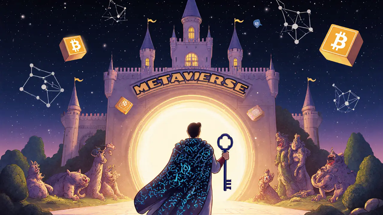 Un héroe abre un portal a un nuevo metaverso con cajas misteriosas y símbolos RACA en el cielo.