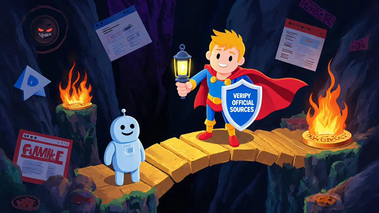 Un héroe con escudo de verificación ilumina caminos seguros mientras evita sitios falsos y bots en un abismo blockchain.