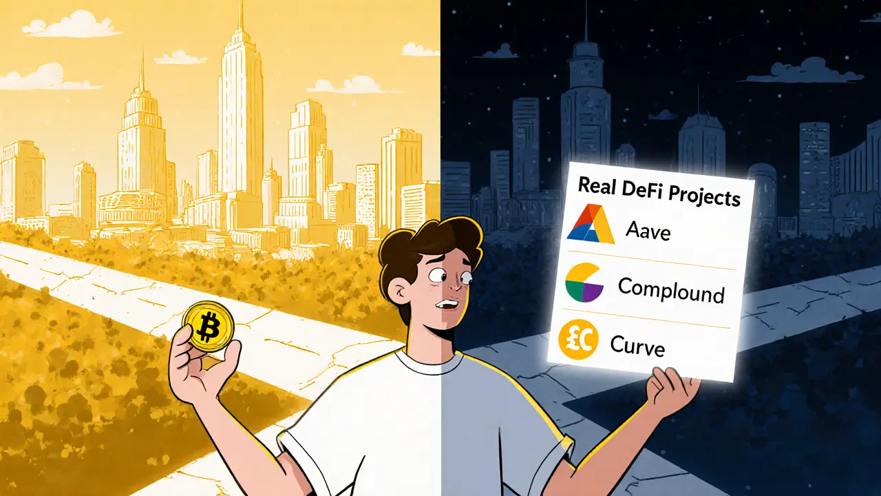 Un inversor vacilante entre un camino brillante con proyectos DeFi reales y un abismo oscuro con un pequeño token OCP.