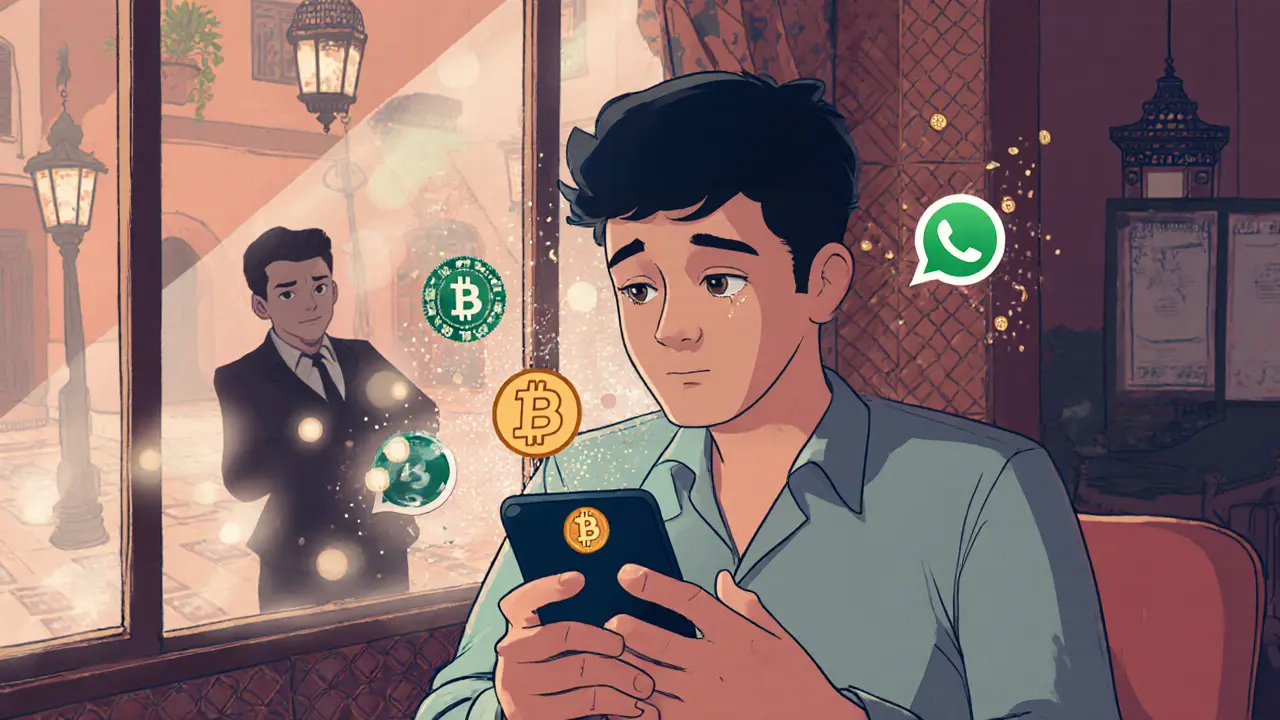 Un joven marroquí negocia una criptomoneda por WhatsApp con un amigo en España, mientras símbolos digitales flotan en el aire.