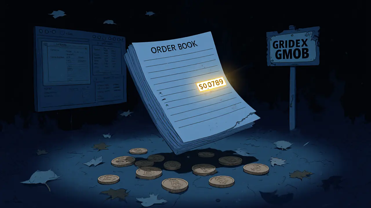 Un libro de órdenes solitario y olvidado en un vacío digital, con tokens GDX cayendo como hojas.