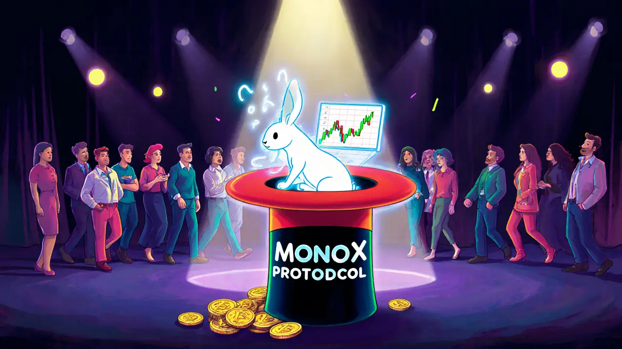 Un mago muestra un truco de MonoX, pero solo caen tokens sin valor y un gráfico fantasma mientras los inversores se alejan.