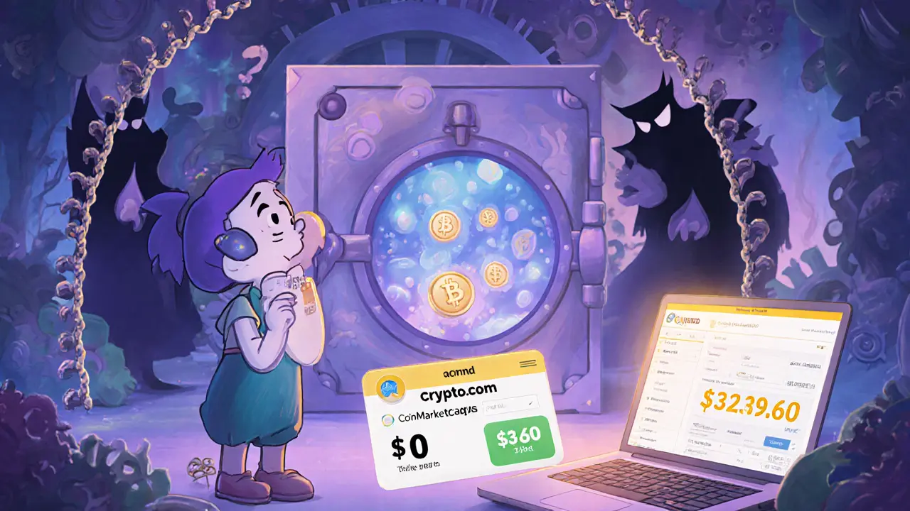 Un personaje mira dos precios contradictorios de tokens ACMD, uno real y otro falso, en un estilo animado Disney.