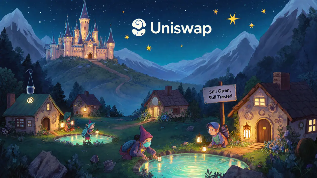 Un pueblo DeFi acogedor con piscinas de liquidez brillantes y una cabaña V2 que brilla mientras un castillo V3 se ve al fondo.