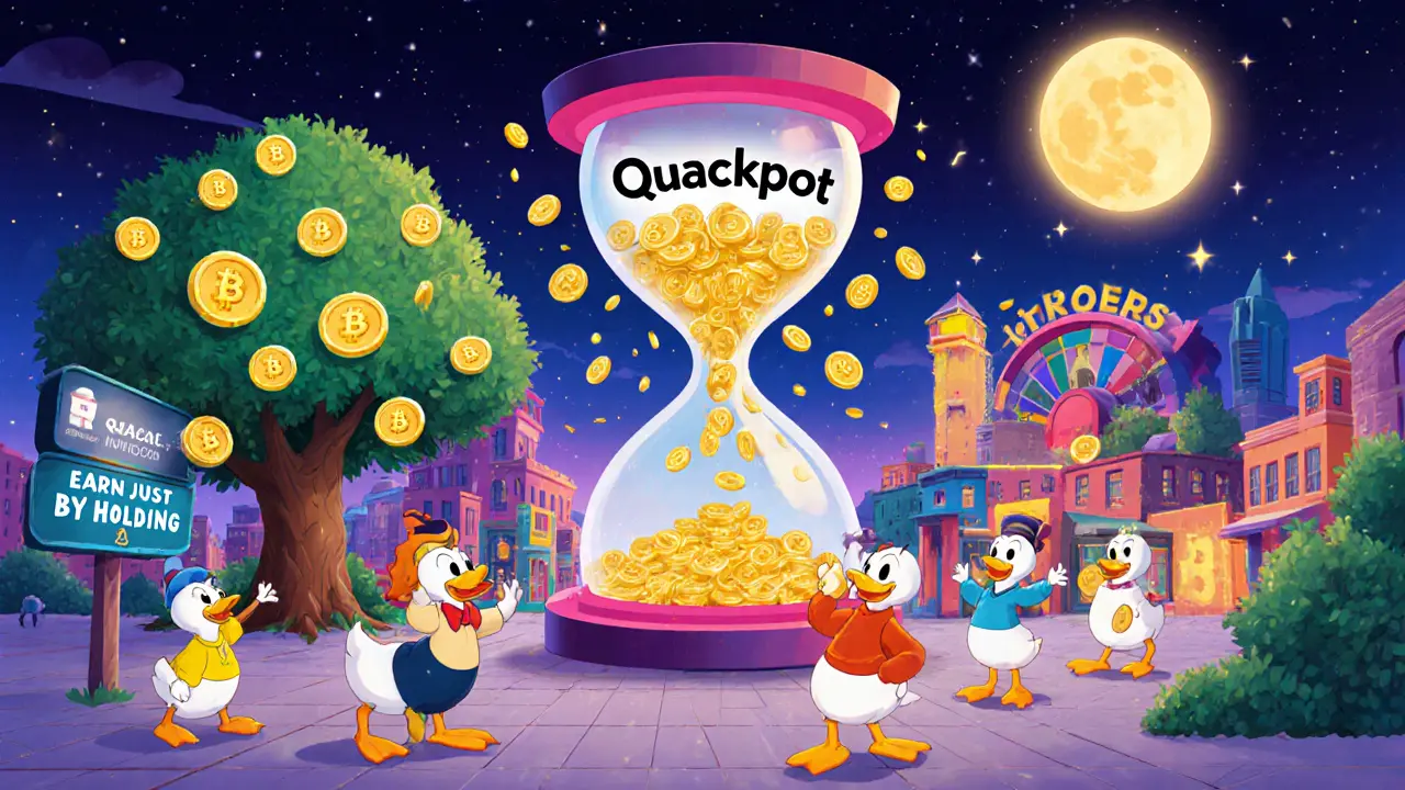 Un reloj de arena mágico vierte tokens sobre una rueda de lotería en un pueblo digital, con hojas de blockchain como árbol.