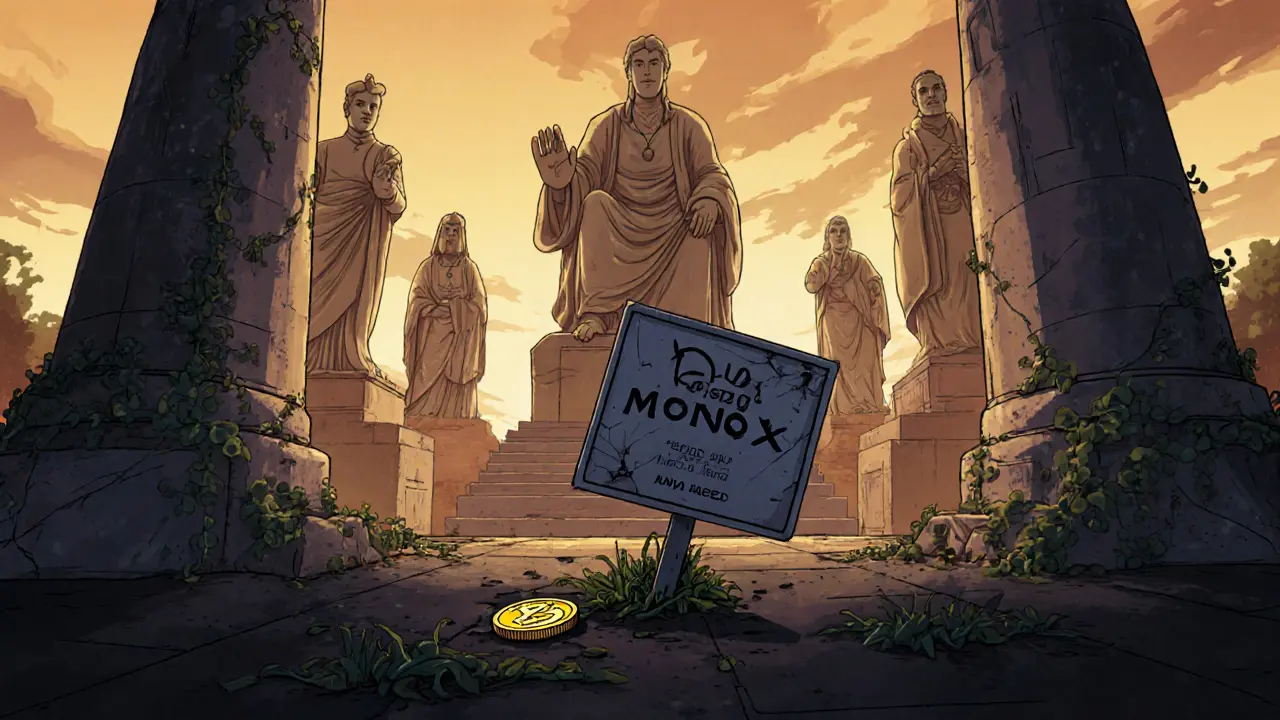 Un templo DeFi abandonado con estatuas de otros intercambios y una señal rota de MonoX cubierta de enredaderas digitales.