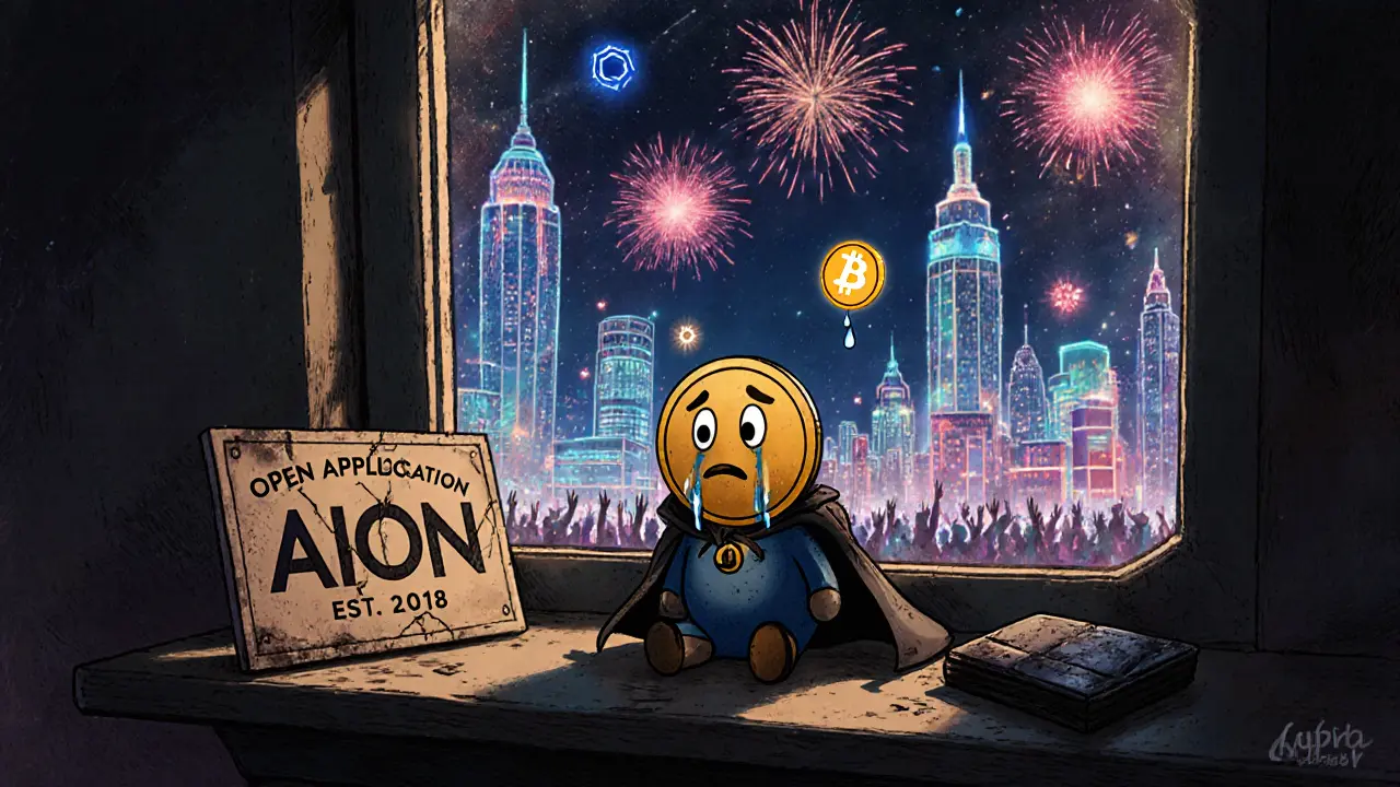 Un token Aion solitario en una estantería polvorienta, mientras una ciudad digital activa brilla fuera de la ventana.