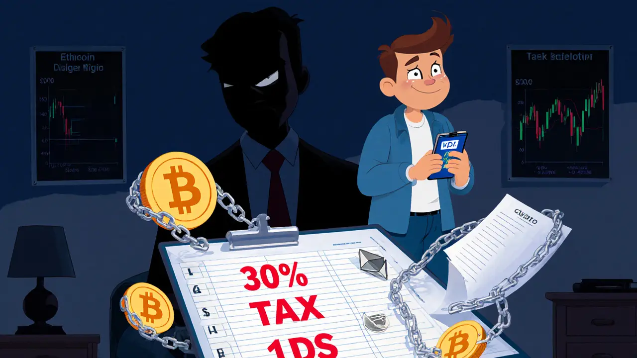 Un trader indio usa una VPN mientras un regulador lo observa, con impuestos de 30% y 1% TDS destellando en su pantalla.