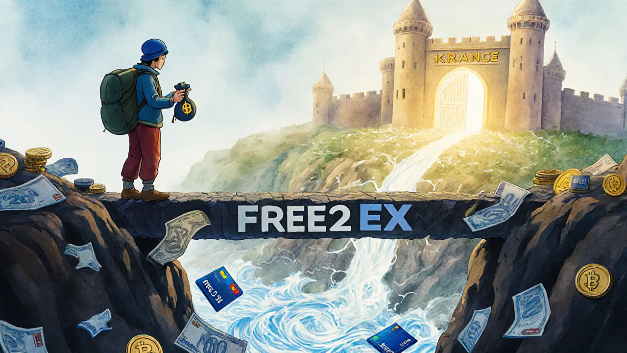 Un viajero en un puente que se desmorona hacia un reino seguro, rodeado de monedas y tarjetas rotas.