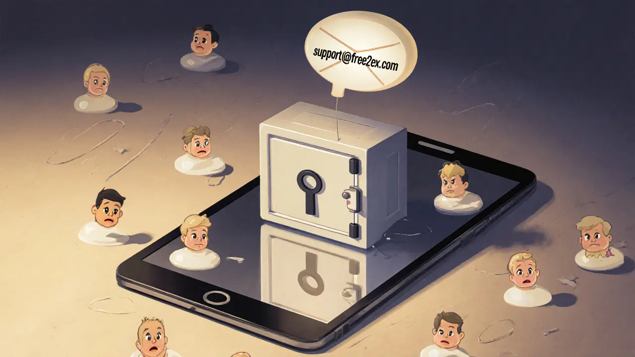 Una app de cripto con interfaz amigable pero reflejando un cofre cerrado y un solo correo de soporte.