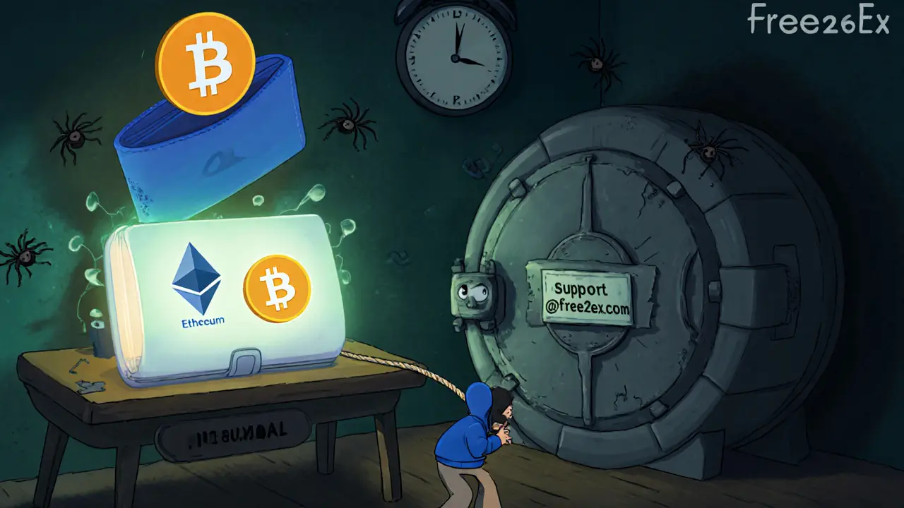 Una billetera digital intentando retirar fondos, atada a un cofre sin seguro y con arañas saliendo.