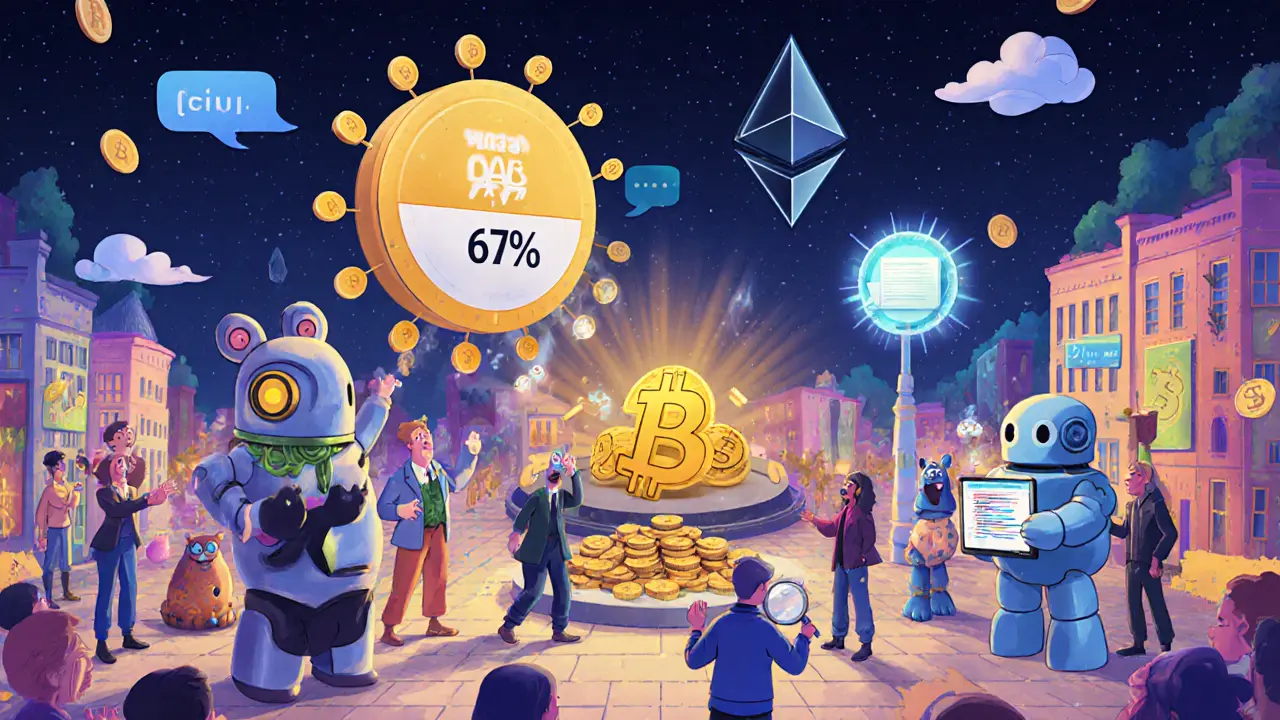 Una comunidad discute propuestas en una plaza futurista con un contador de votos digital y un robot ejecutando pagos.