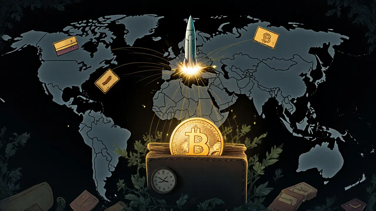 Una moneda Bitcoin dormida conectada a un misil nuclear, simbolizando el financiamiento de armas.