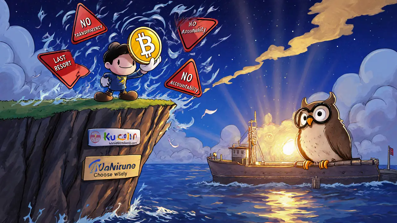 Una persona en un acantilado rodeada de advertencias, mientras un refugio seguro brilla a lo lejos.