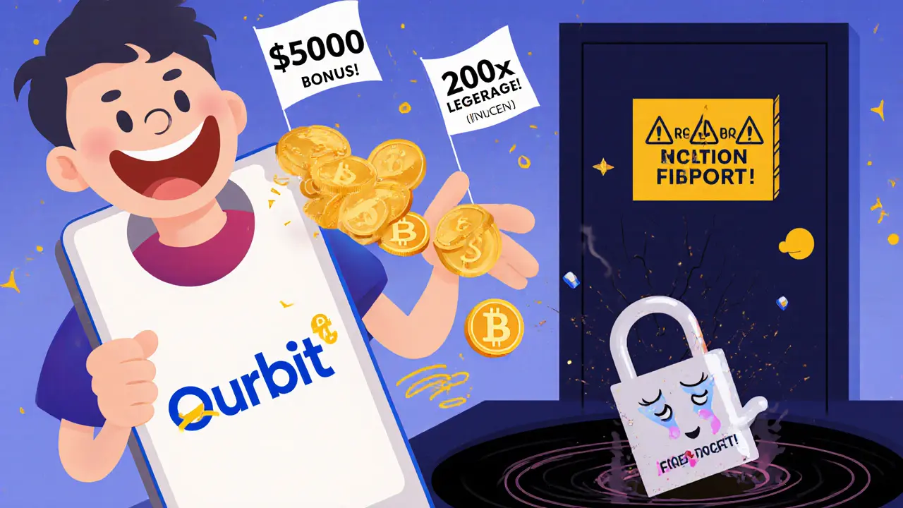 Usuario feliz depositando cripto en Ourbit mientras banderas regulatorias de advertencia y una bolsa de cripto siendo arrastrada al vacío aparecen al fondo.