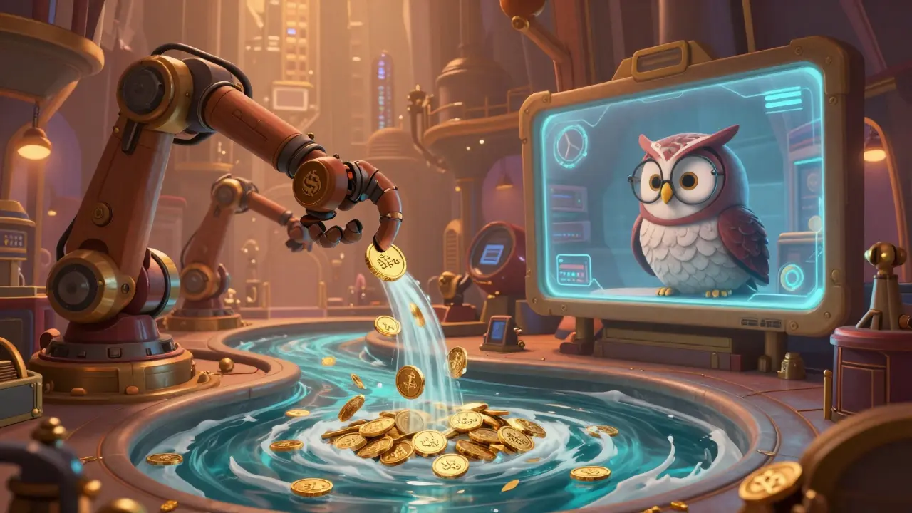 Brazos mecánicos liberan monedas en un río de ETH mientras un búho observa en una sala secreta de trading.