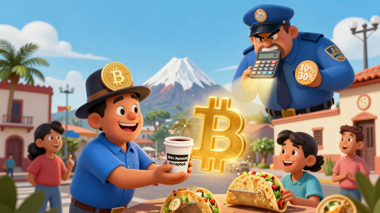 El Salvador con un volcán que entrega café pagado en Bitcoin, mientras un recaudador de impuestos vigila todas las transacciones.