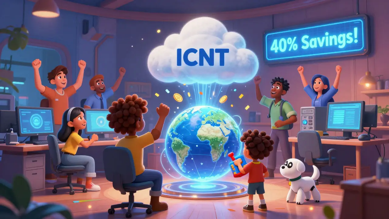 Equipo de desarrolladores celebrando una holografía de la red Impossible Cloud expandiéndose globalmente, con tokens ICNT cayendo como confeti y un niño con un servidor de juguete.