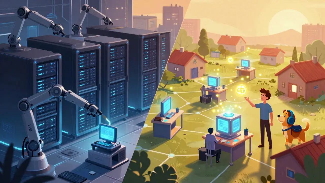 Escena comparativa: un centro de datos frío y grande vs. una red descentralizada cálida con servidores en hogares, iluminada por tokens ICNT como luciérnagas.