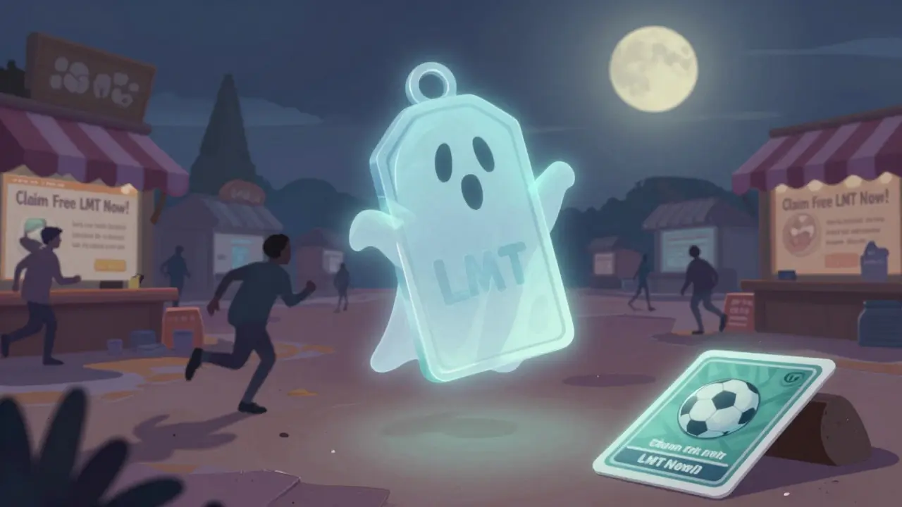 Fantasma de token LMT flotando sobre un mercado digital abandonado, en estilo Disney.