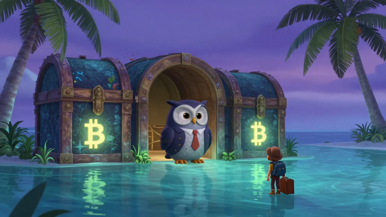 Islas Caimán tropicales con cofres submarinos de Bitcoin y un búho guardián, mientras un viajero mira desde lejos.