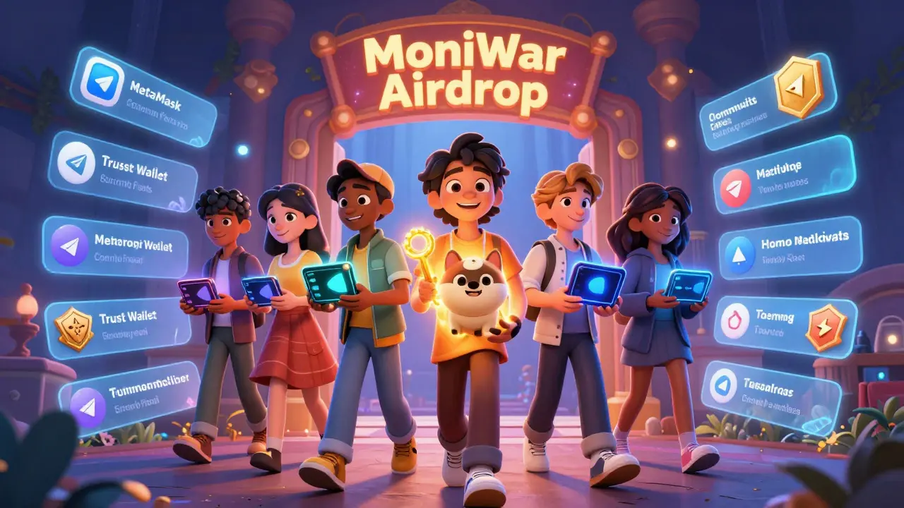 Jugadores entrando por un portal mágico con billeteras digitales, guiados por una llave que emana de un NFT.