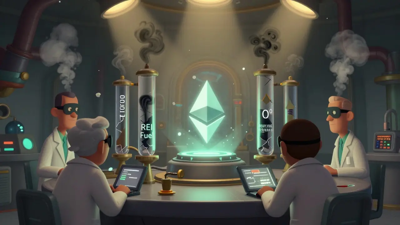 Laboratorio con un nodo Ethereum brillante y tubos de humo negro etiquetados como 'REI Fuel', científicos observando una pantalla.
