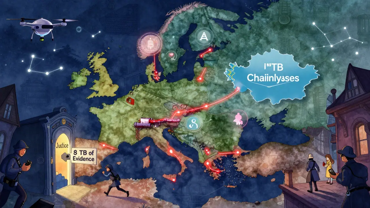 Mapa de Europa con rastreo de criptomonedas y drones policiales, simbolizando el fin del anonimato digital.