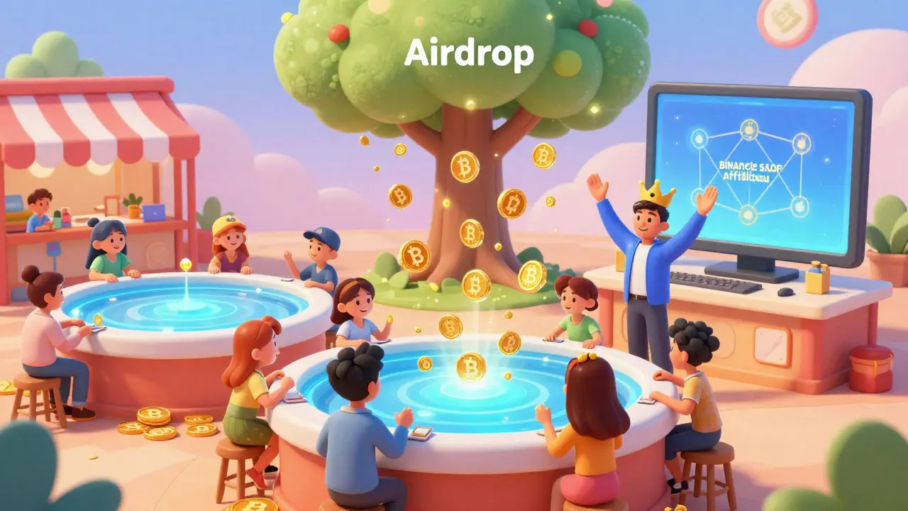 Mercado DeFi animado con tokens BIT cayendo como confeti desde un árbol mágico en PancakeSwap.