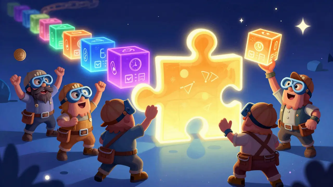 Mineros divertidos resolviendo un rompecabezas de nonce mientras se forma una cadena de bloques brillantes.