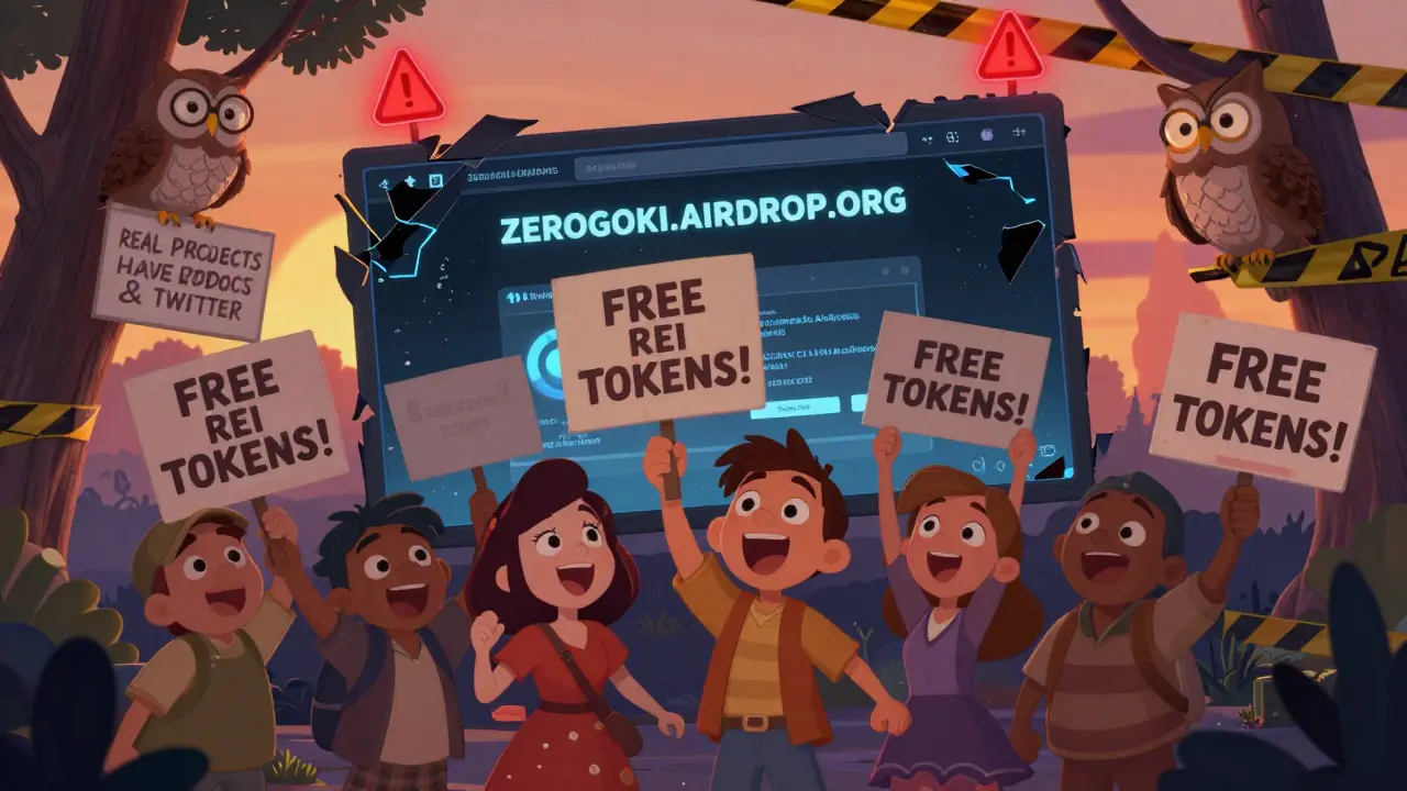 Multitud emocionada frente a un sitio web falso que dice 'ZEROGOKI.AIRDROP.ORG', mientras un búho sabio advierte desde un árbol.