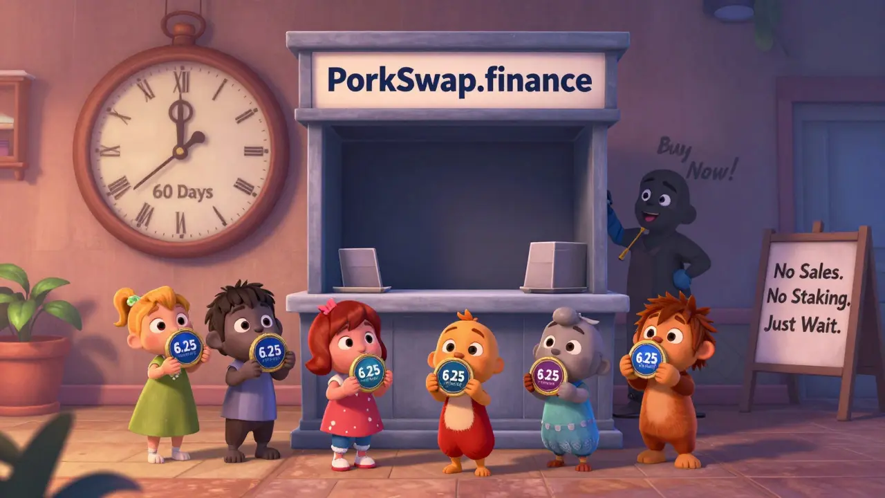 Personajes sostienen tokens PSWAP frente a un intercambio cerrado, con un reloj marcando 60 días.