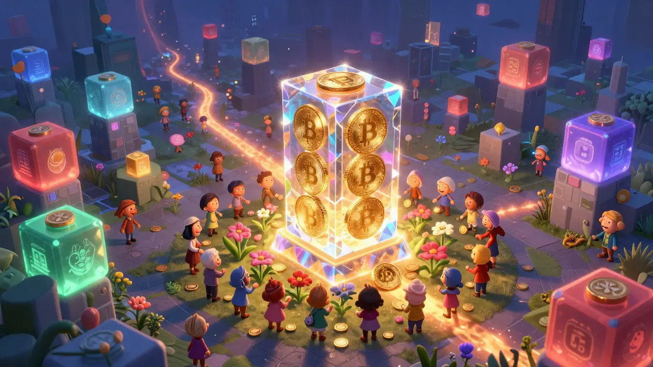 Personas de todo el mundo rinden homenaje a un bloque génesis brillante con flores y donaciones en una tierra digital.