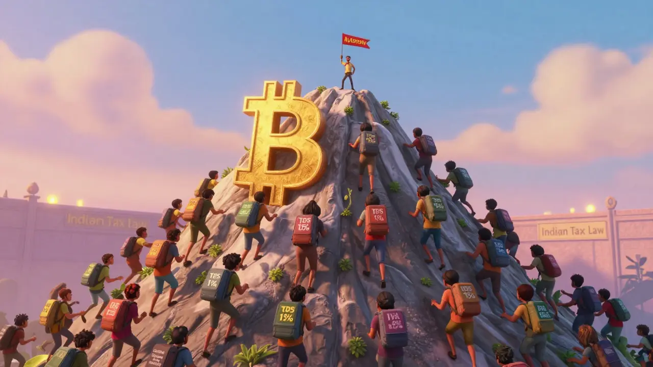 Personas suben una montaña de Bitcoin cargando impuestos, mientras intercambios extranjeros brillan en la distancia.