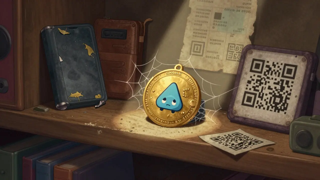 Token SMAK olvidado en una estantería polvorienta entre otros artefactos cripto obsoletos.