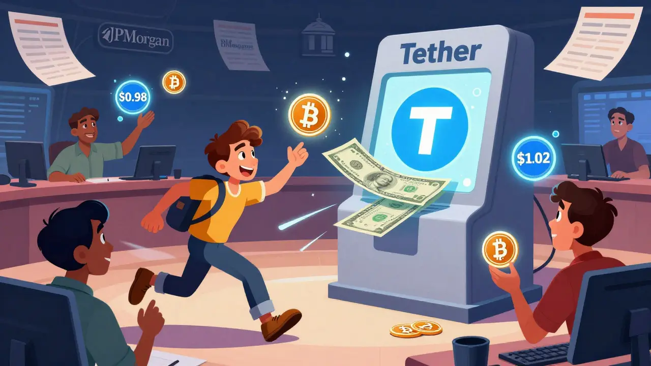 Traders animados intercambiando stablecoins en una sala de operaciones, uno redime USDT por un dólar real.