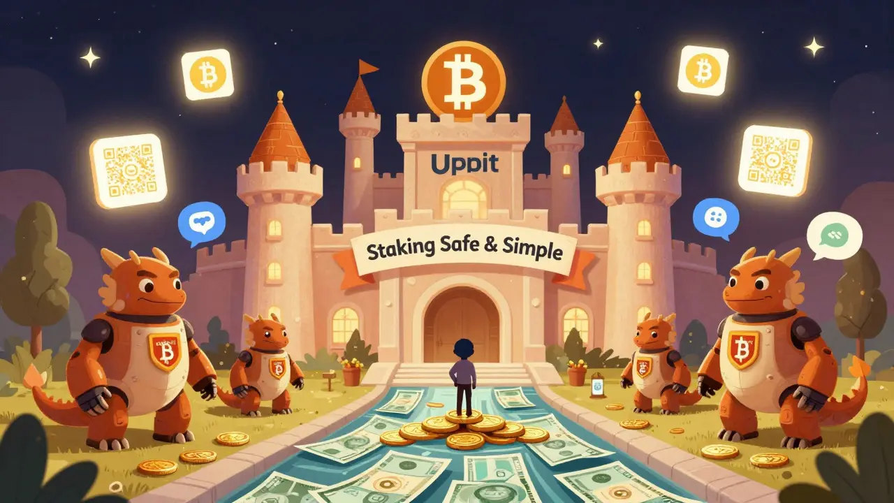 Un castillo de Upbit Indonesia protegido por dragones robot, con staking y QRIS brillando bajo las estrellas.