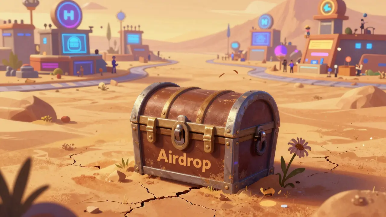 Un cofre mágico de 'FLTY Airdrop' se desmorona en un desierto, mientras otros proyectos cripto brillan al fondo.