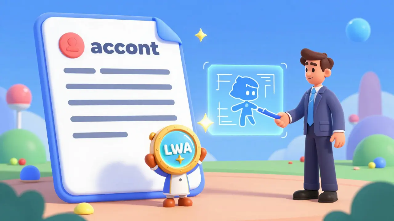 Un creador entrega un token LWA a un ejecutivo y un avatar de videojuego en una red digital.