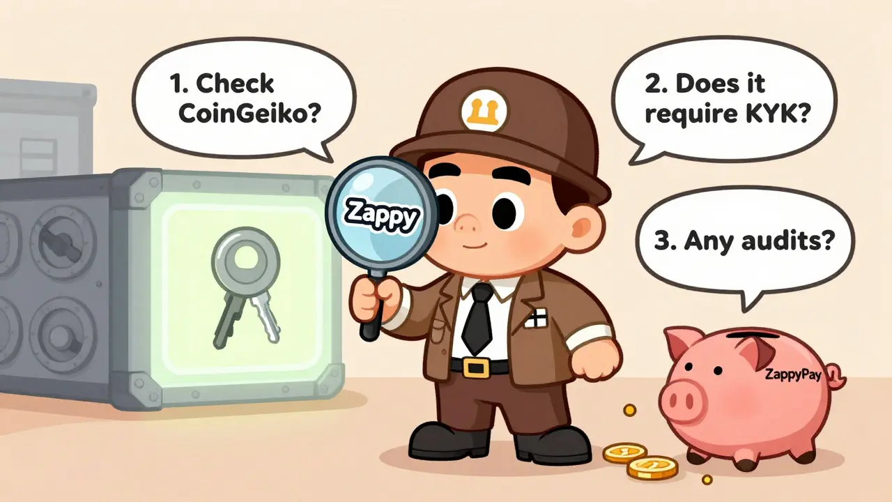 Un detective de dibujos animados descubre que Zappy es una estafa, con tres reglas de seguridad flotando en el aire.