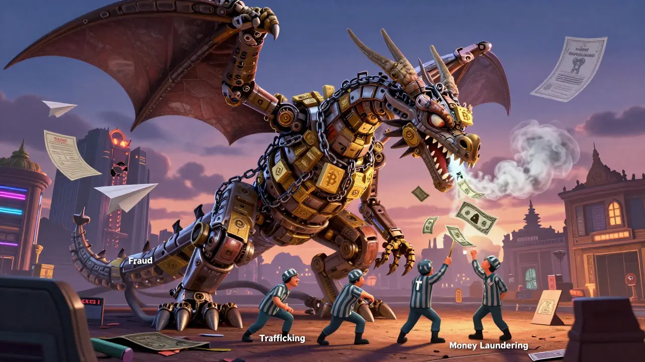 Un dragón hecho de Bitcoins y cadenas devora figuras humanas, simbolizando el lavado de dinero y el tráfico humano.
