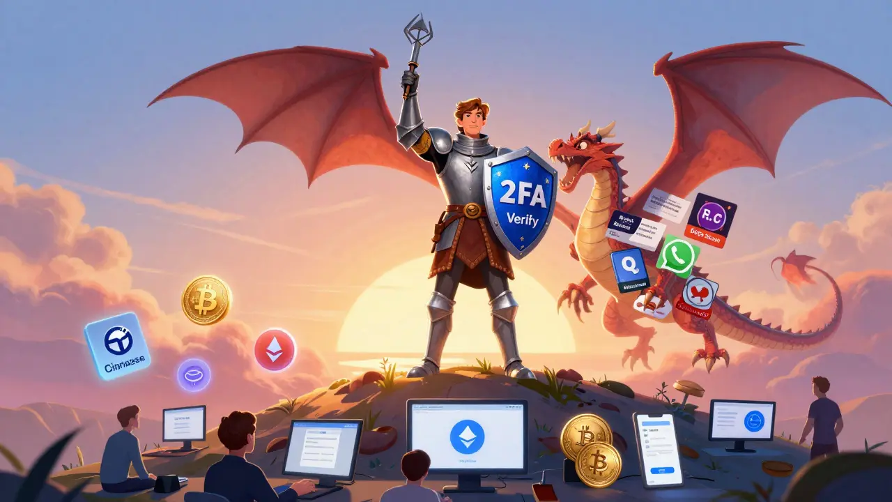 Un héroe vence a un dragón de estafas cripto con escudos de seguridad, mientras otros usan plataformas reales bajo un cielo amanecido.