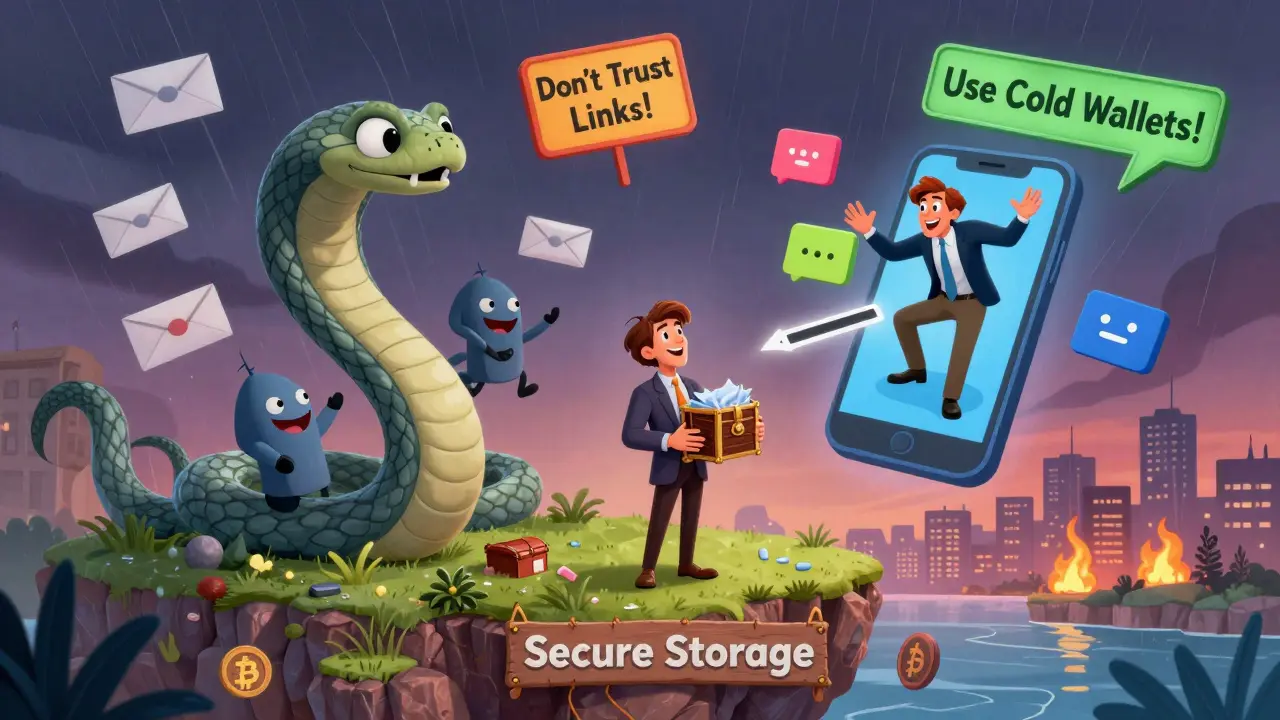 Un inversionista seguro sostiene una billetera fría mientras correos maliciosos en forma de serpientes lo atacan desde el aire.