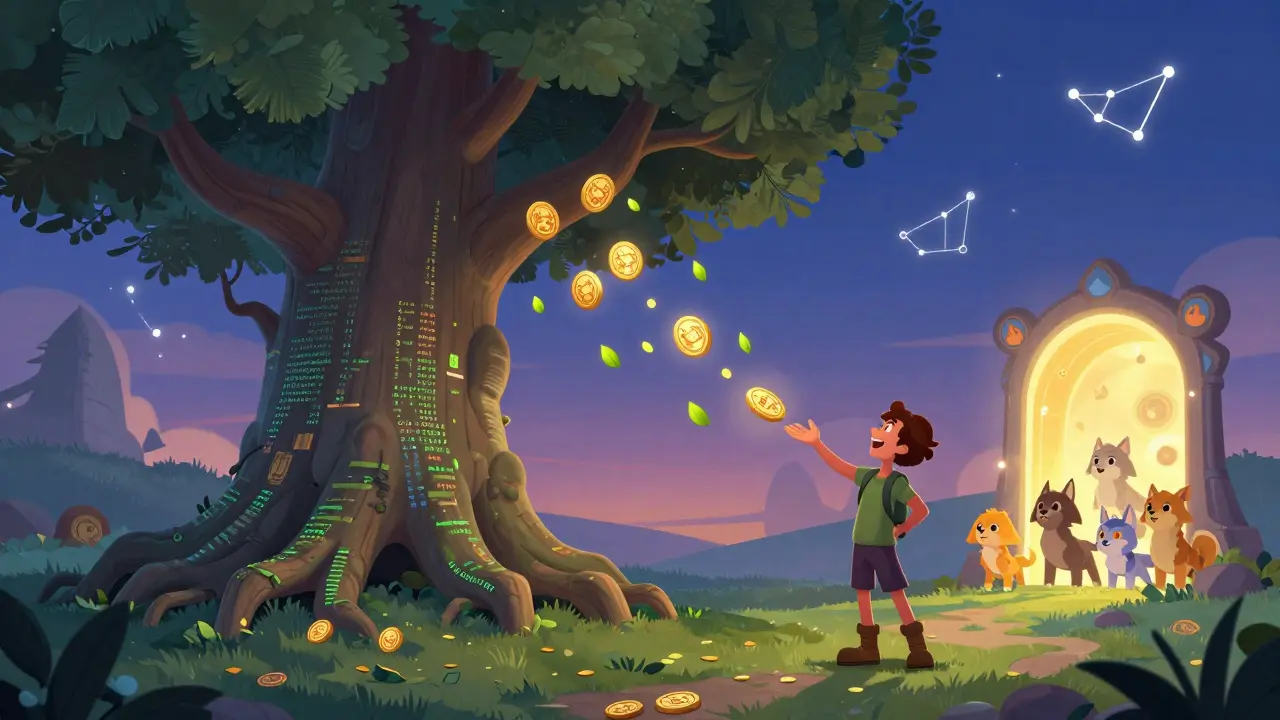 Un jugador recibe tokens MOWA de un árbol de código blockchain, con tokens cayendo en flujos mensuales y criaturas legendarias al fondo.