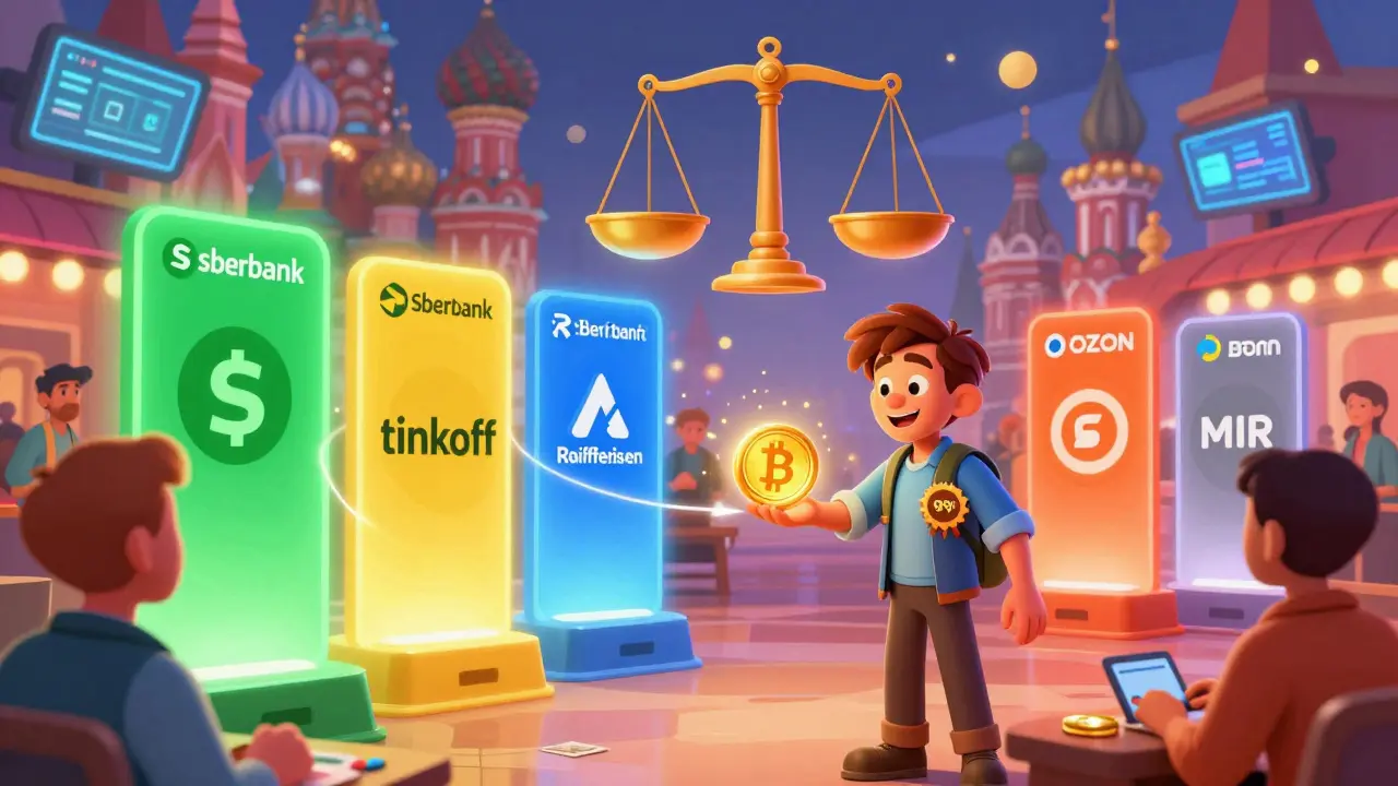 Un mercado digital animado donde traders intercambian USDT por rublos usando puertas mágicas de colores representando bancos rusos.