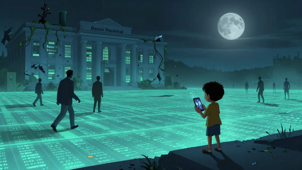 Un niño solo mira un libro gigante de criptomonedas mientras figuras corruptas se alejan, bajo un cielo lunar.